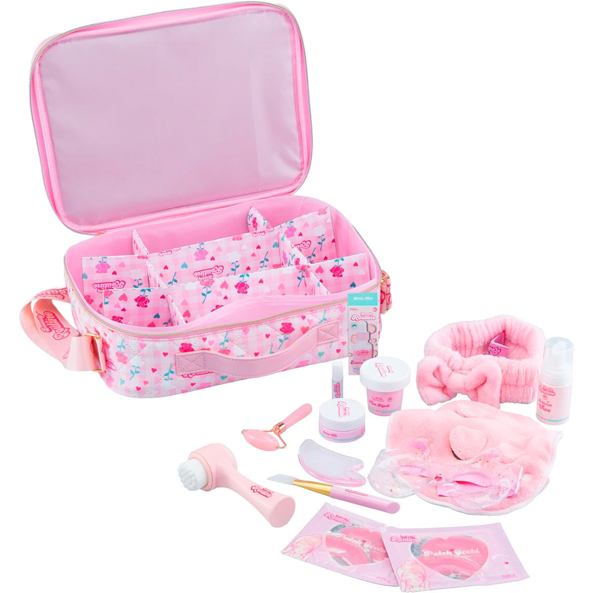 Bolsa de maquillaje rosa con compartimentos, artículos de cuidado de la piel, rodillo facial, cepillo, diadema.