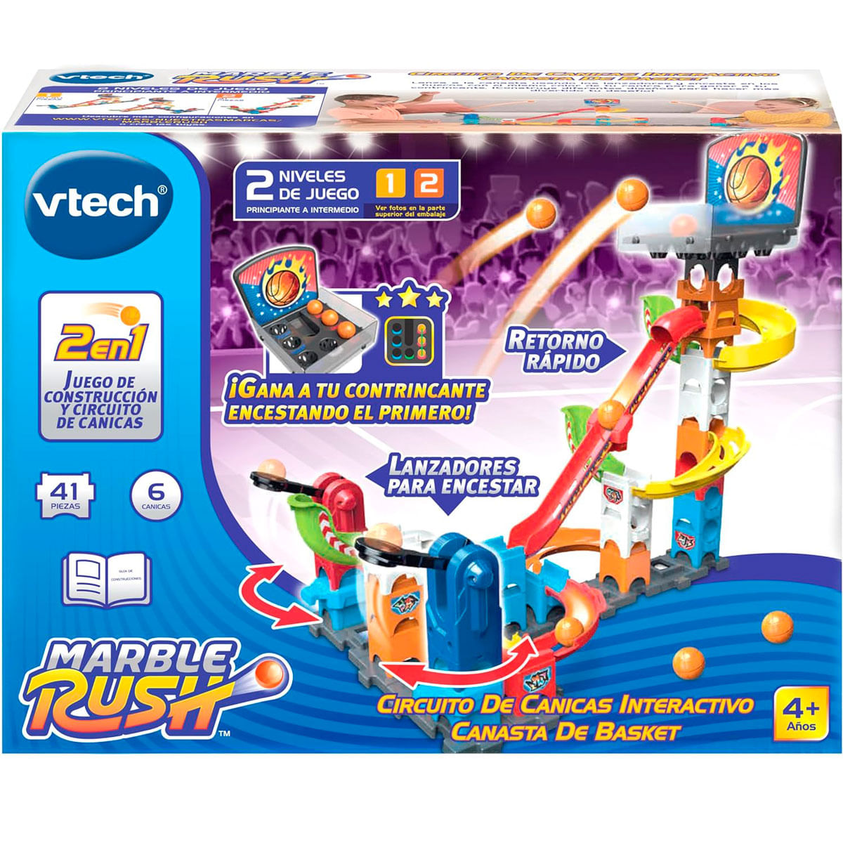 Caja de juego Vtech Marble Rush de baloncesto interactivo con pista de juguete, canicas naranjas.