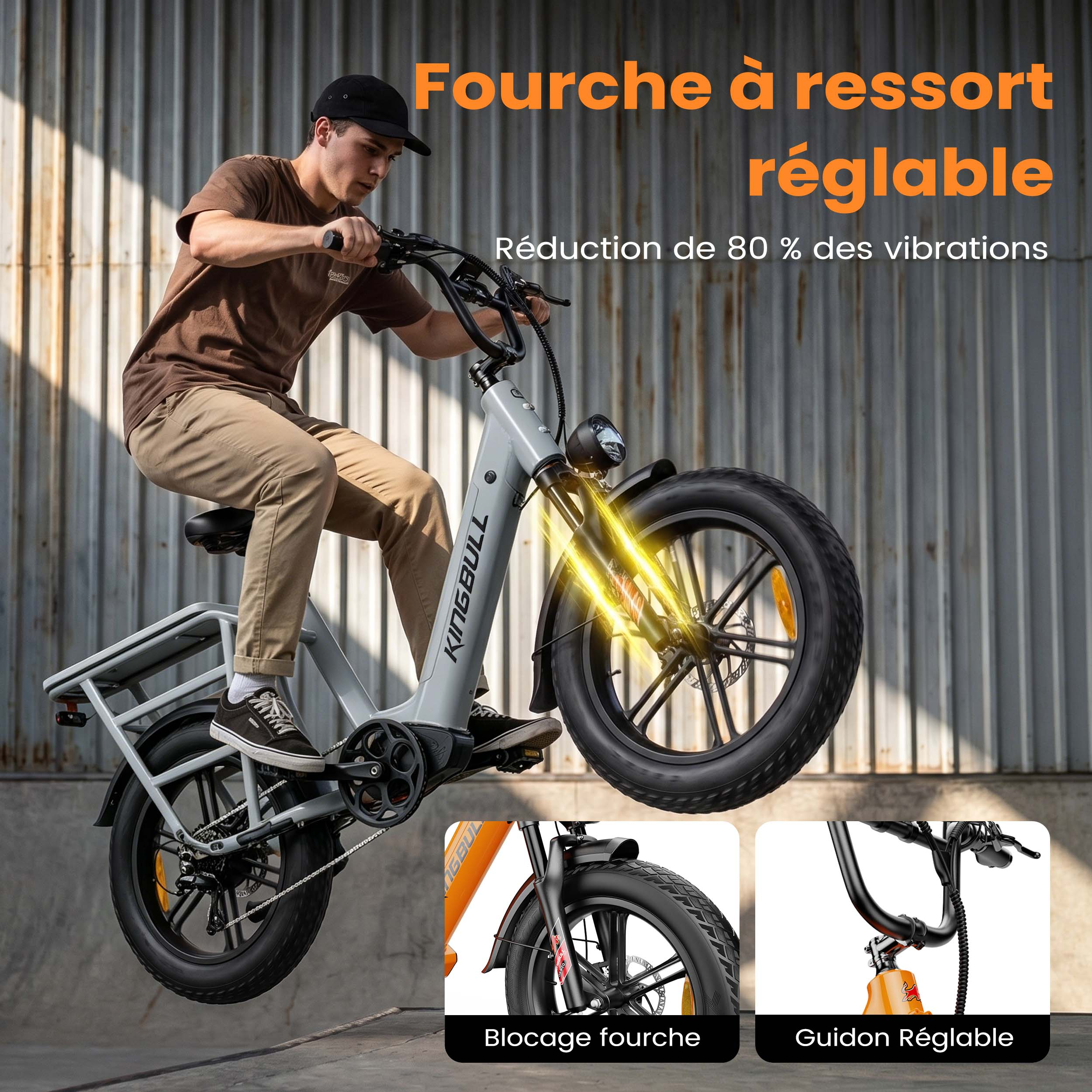 Mann auf grauem E-Bike mit breiten Reifen vor Metallwand. Federgabel und Lenker hervorgehoben.