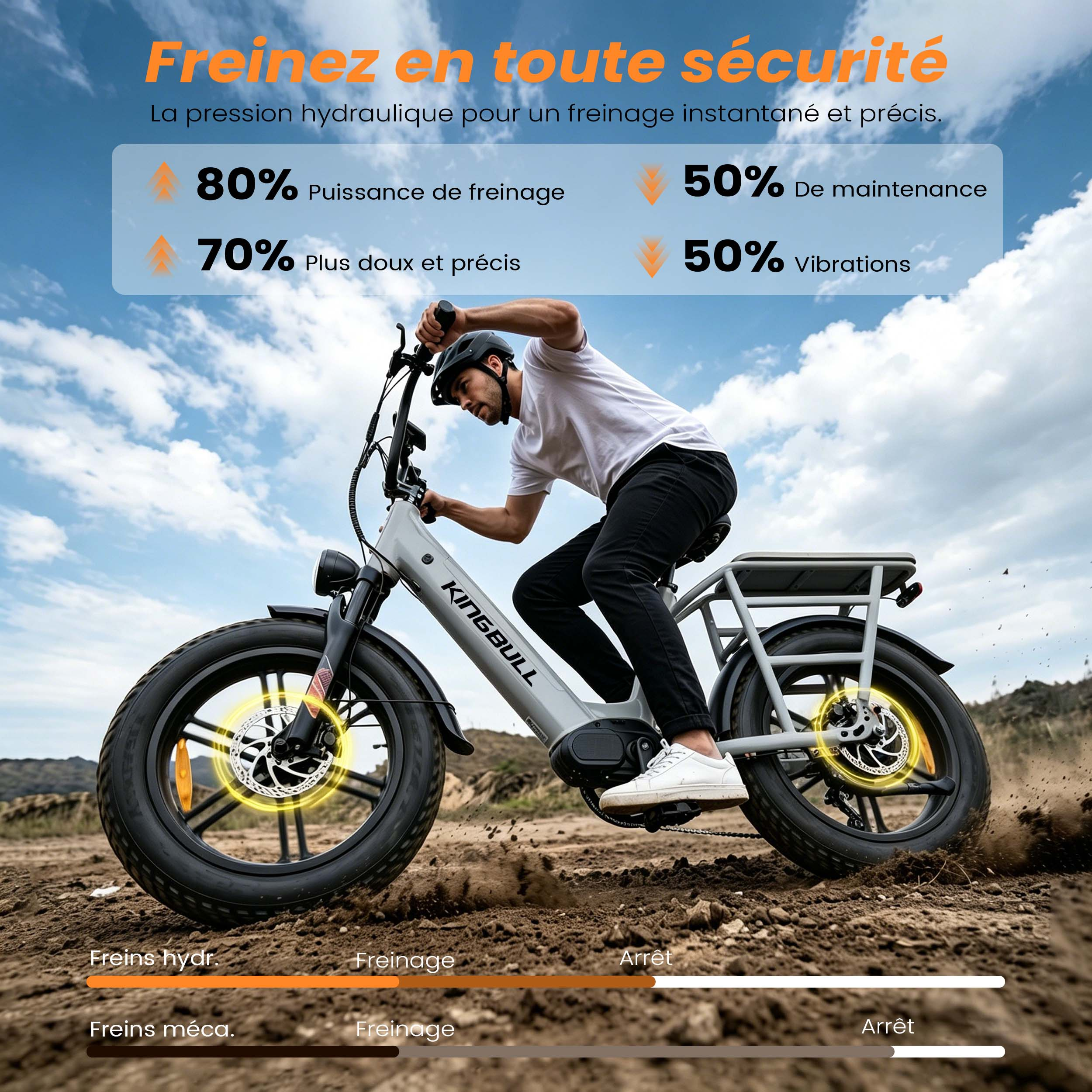 Mann auf einem E-Bike in der Wüste, das auf staubigem Boden bremst.