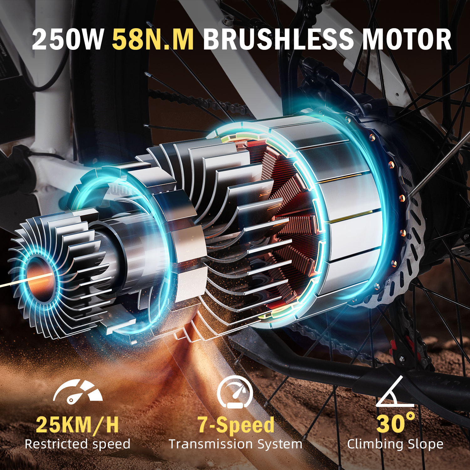 Zbliżenie silnika roweru elektrycznego: 250W, 58 Nm, 25 km/h, 7 biegów, nachylenie 30°.