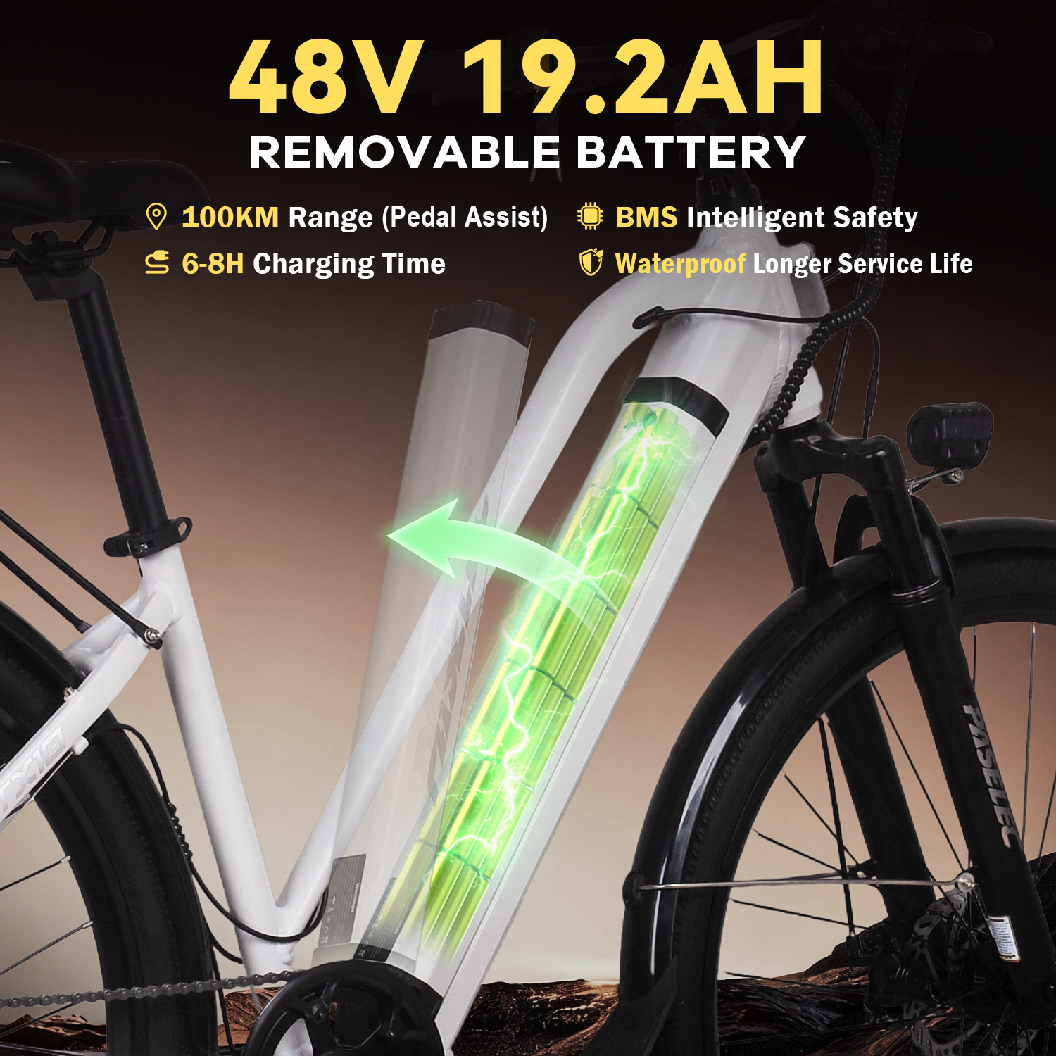 Biały rower elektryczny z wymienną baterią 48V 19,2Ah, zasięg 100km, ładowanie 6-8h.