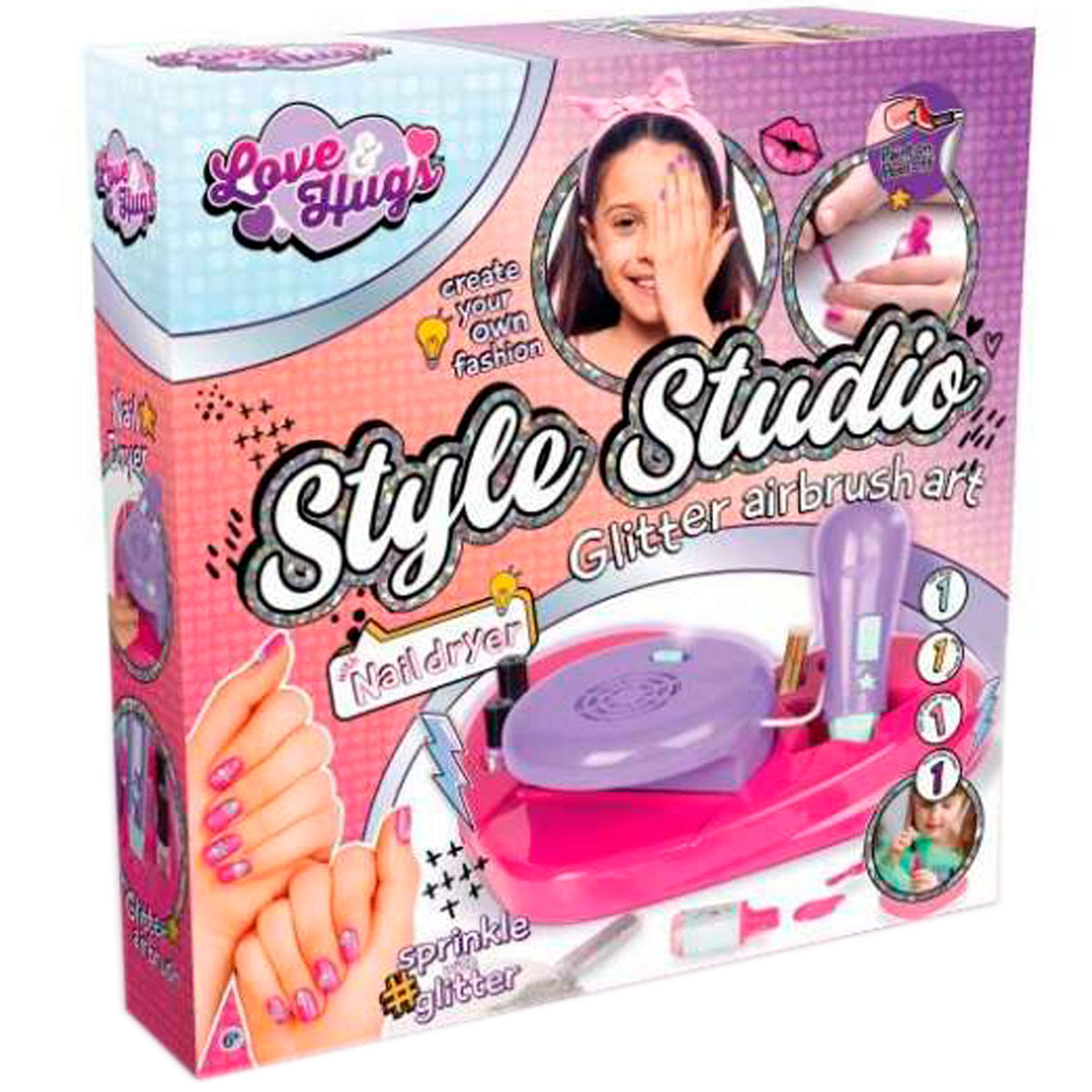 Caja para un juguete de estudio de uñas con una niña, esmalte y brillo.