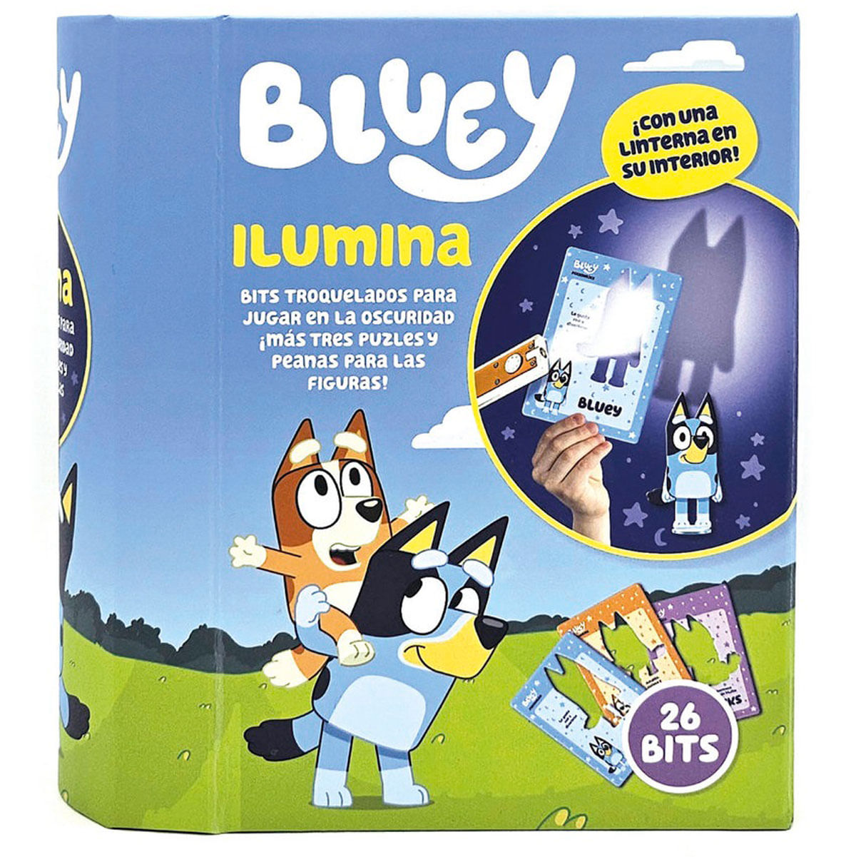 Caja de Bluey con personajes proyectando sombras con linterna. Incluye 26 piezas.