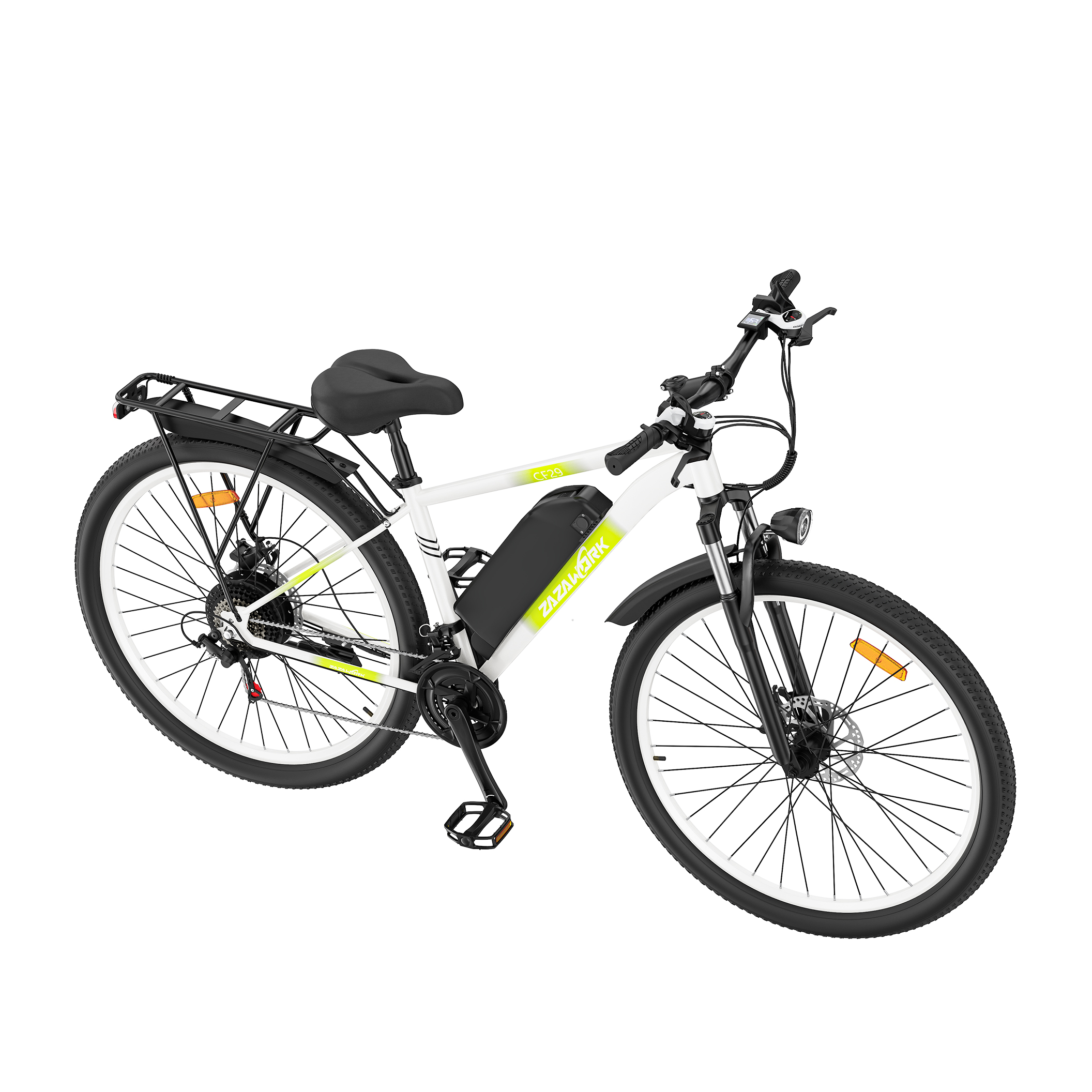 Biały rower elektryczny z czarną baterią, bagażnikiem i amortyzatorem.