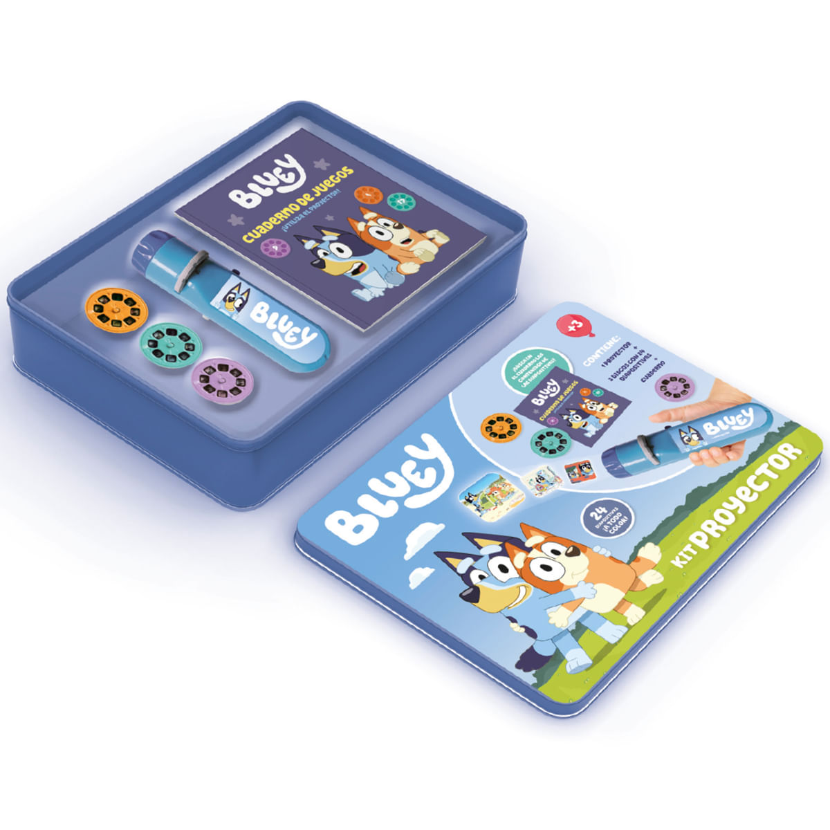 Set de juego proyector Bluey con libro y discos en caja azul.