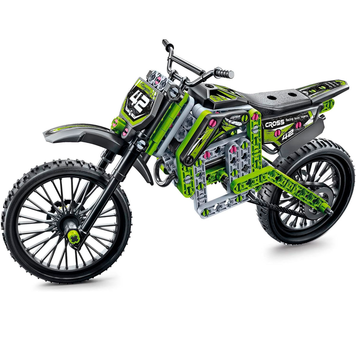 Una moto de cross de juguete verde y negra con el número 42 delante.