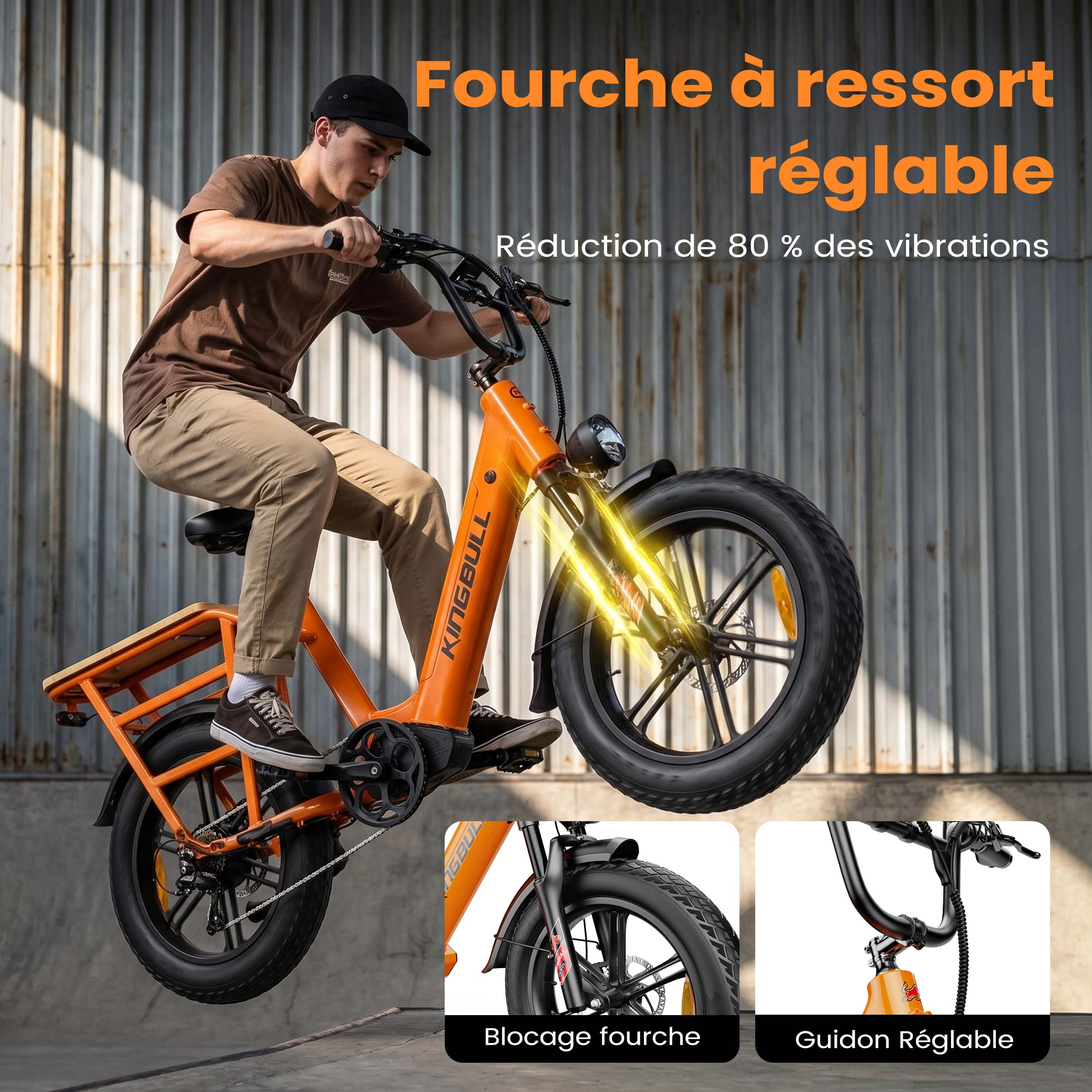 Ein Mann fährt ein orangefarbenes E-Bike mit breiten Reifen vor einer metallenen Wand.