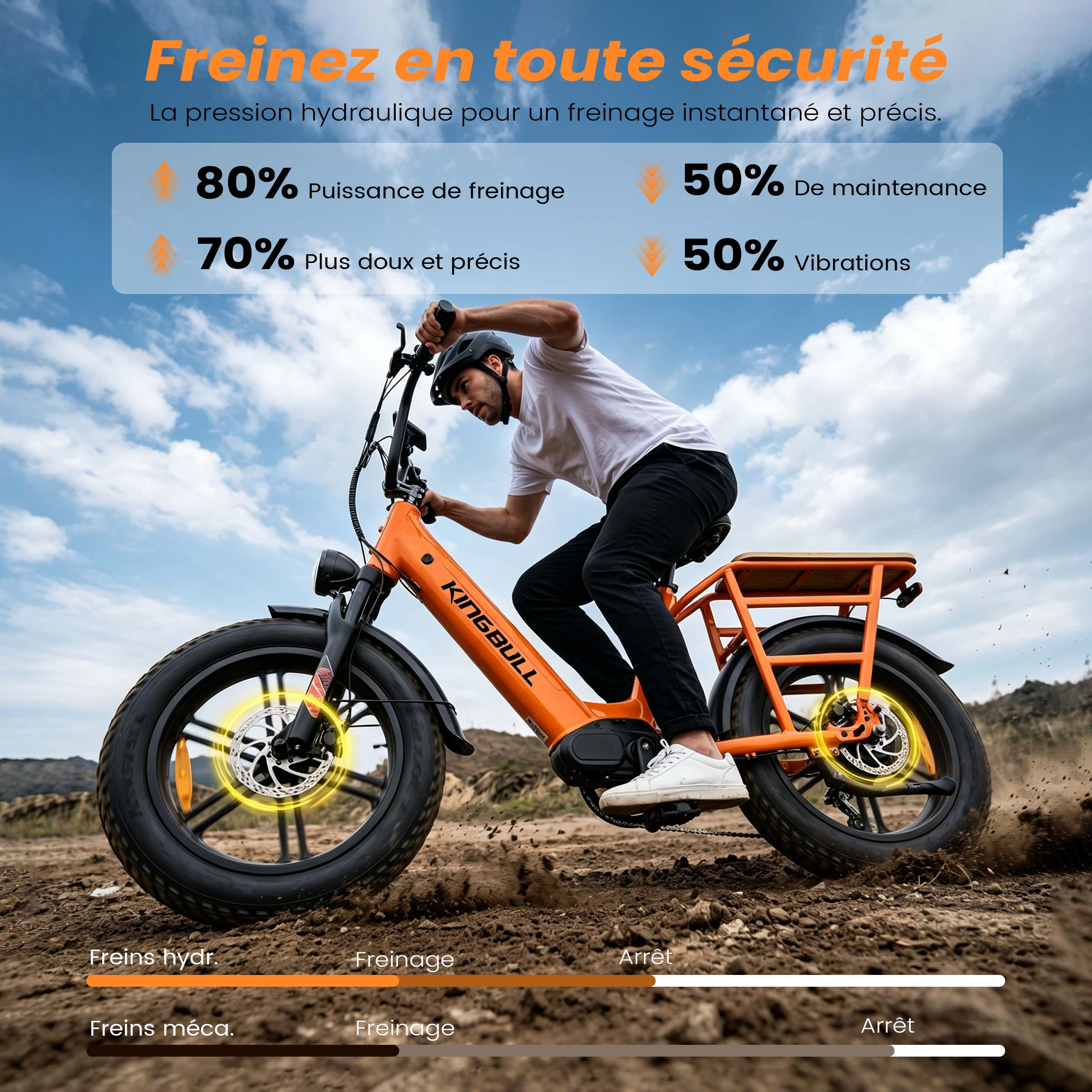 Ein Mann fährt ein orangefarbenes E-Bike mit dicken Reifen im Gelände, mit Grafiken zu Bremsleistung.