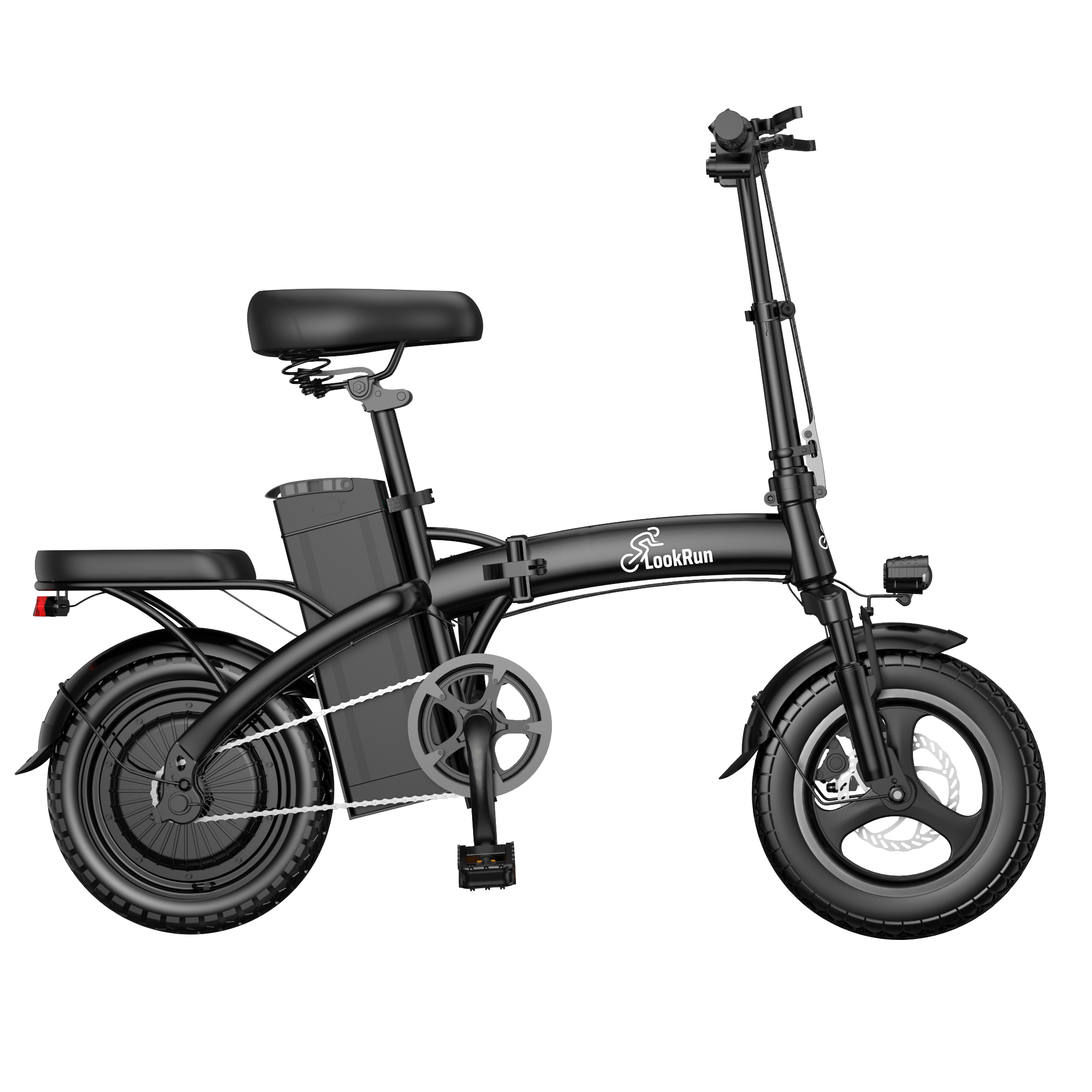 Schwarzes faltbares E-Bike mit breiten Reifen, Federungssattel und Akku.
