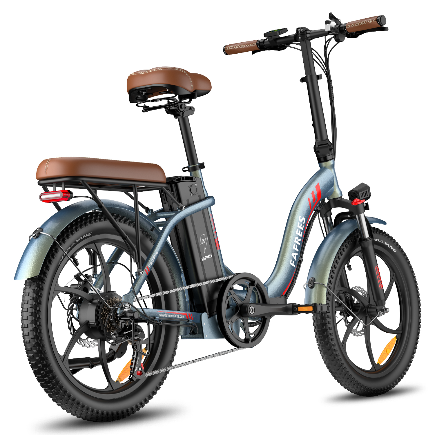 Una bicicleta eléctrica gris azulada con asientos y manillar de cuero marrón.