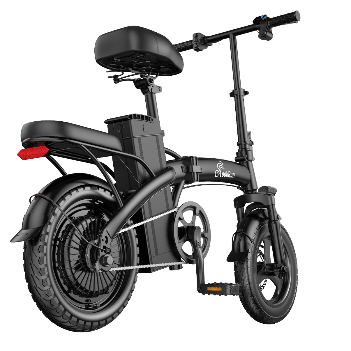 Schwarzes faltbares E-Bike mit breiten Reifen, Akku und Rücklicht.