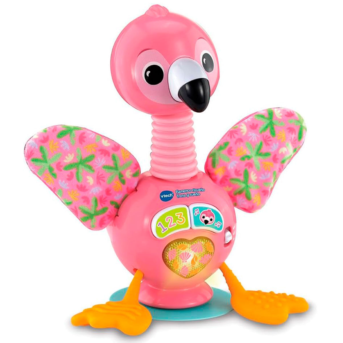 Un flamenco de juguete rosa con alas, pies y cuello plisado.