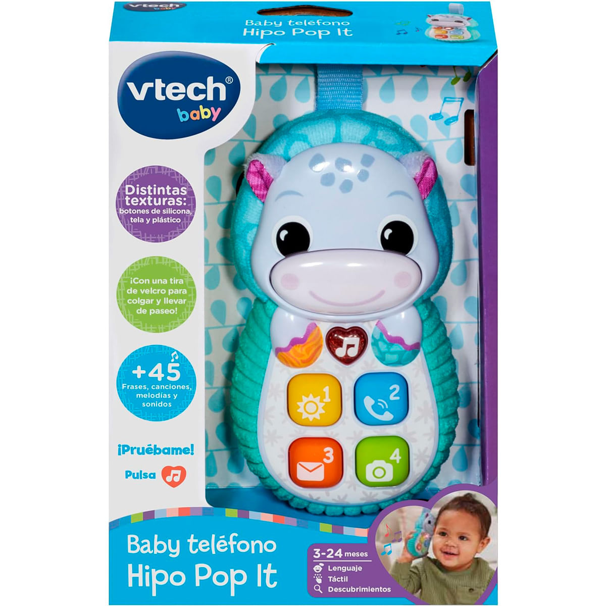Teléfono de juguete VTech bebé hipopótamo con botones coloridos.