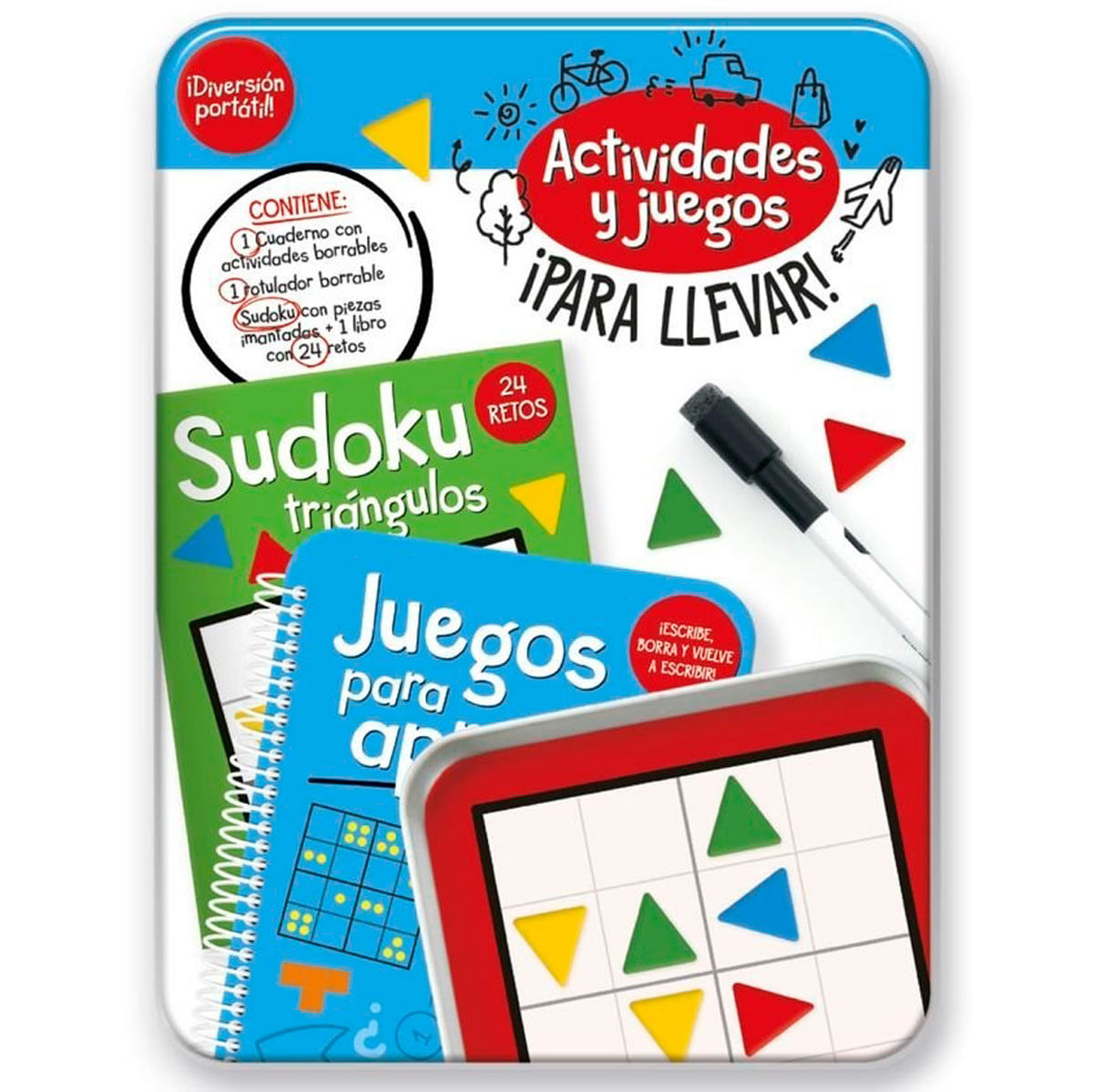 Un kit de actividades portátil con Sudoku y juegos, incluye rotulador y tablero.