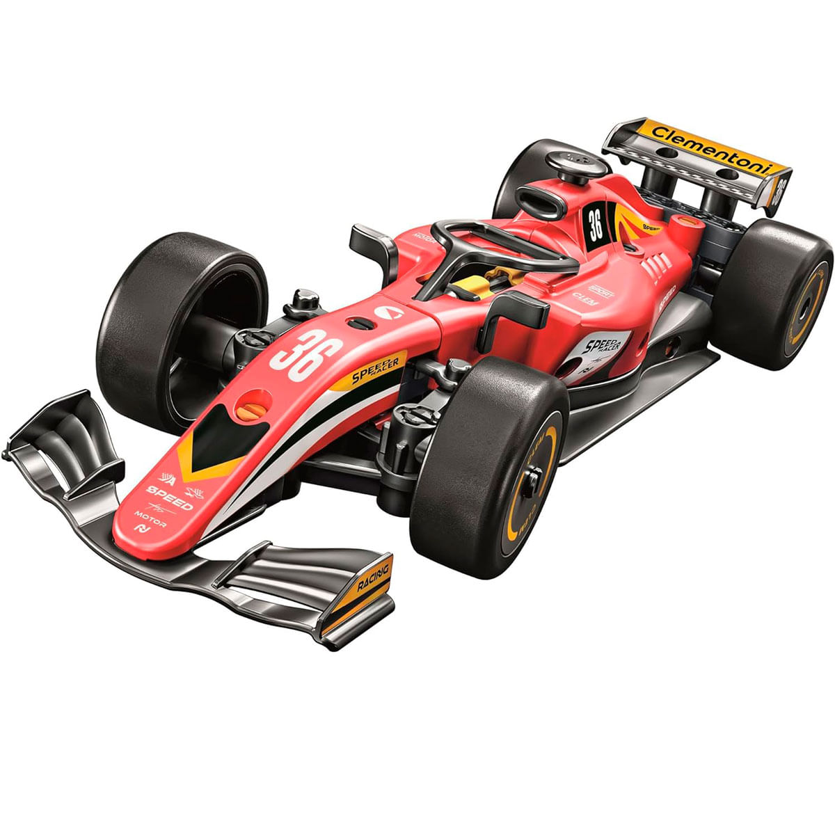 Un coche de juguete de Fórmula 1 rojo con el número 36 y detalles amarillos.
