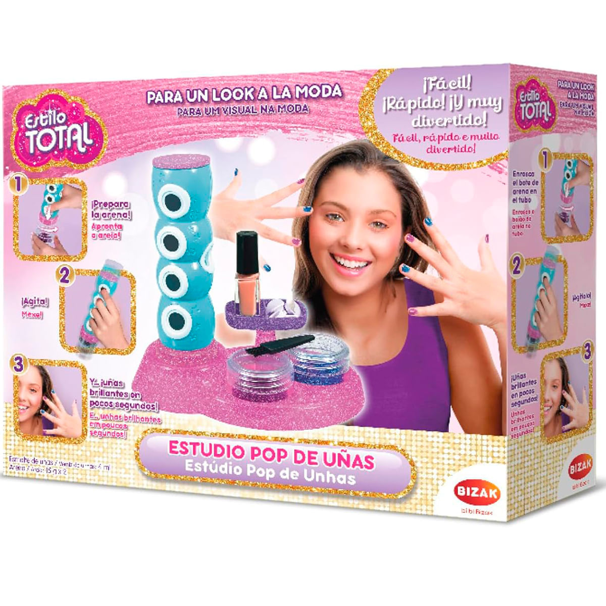 Embalaje de un set de juguete de estudio de uñas con una niña.