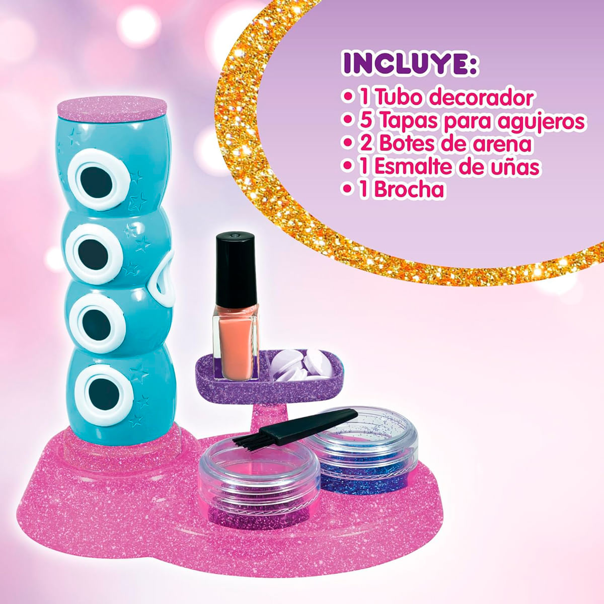 Kit de arte de uñas con decorador azul, esmalte y brillos.