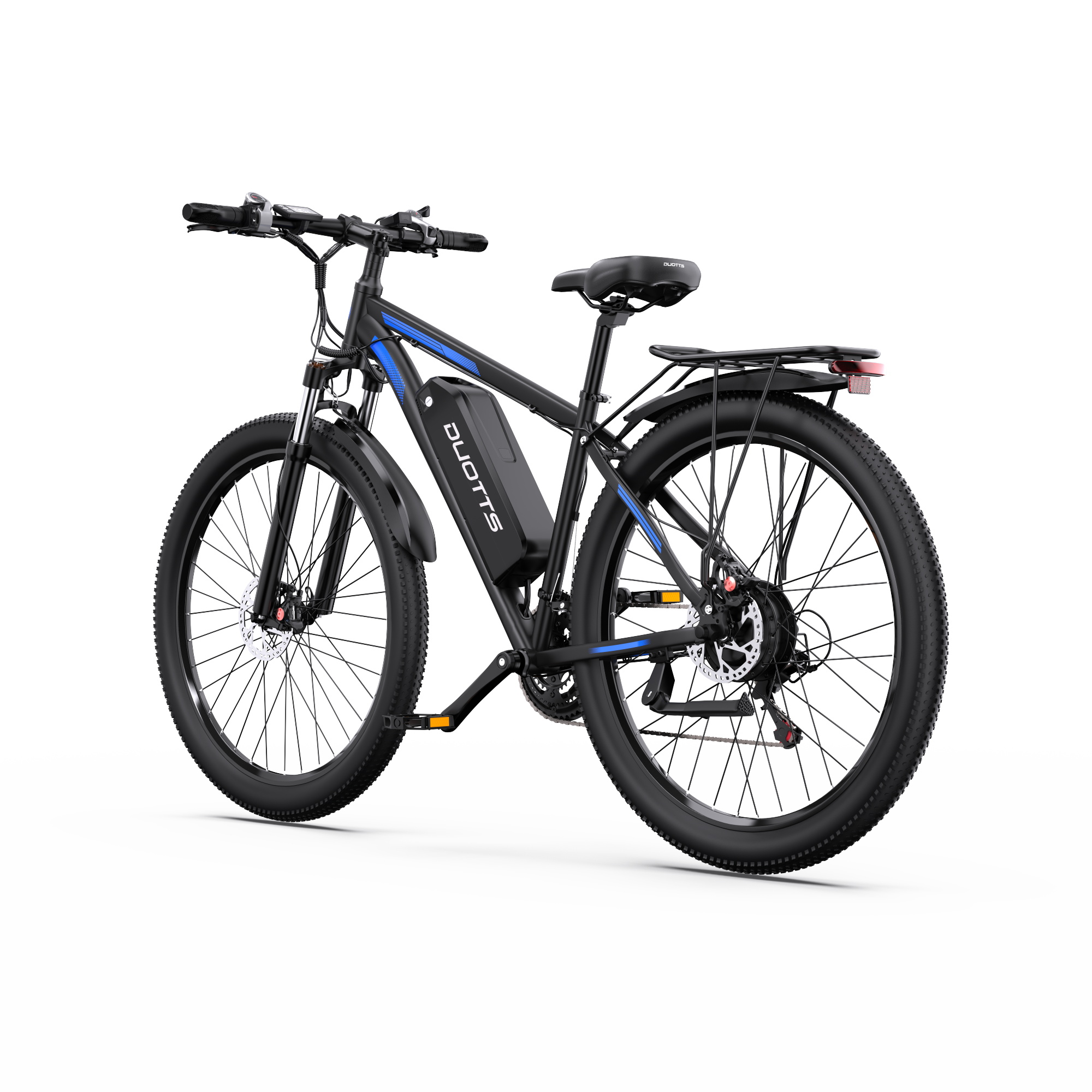 Schwarzes E-Bike mit blauen Akzenten, Federgabel, Gepäckträger und Akku.