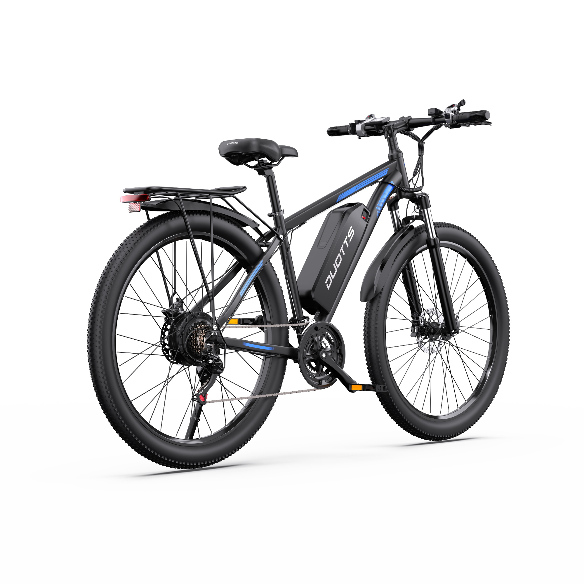 Schwarzes E-Bike mit Gepäckträger, Akku und blauen Akzenten auf weißem Hintergrund.