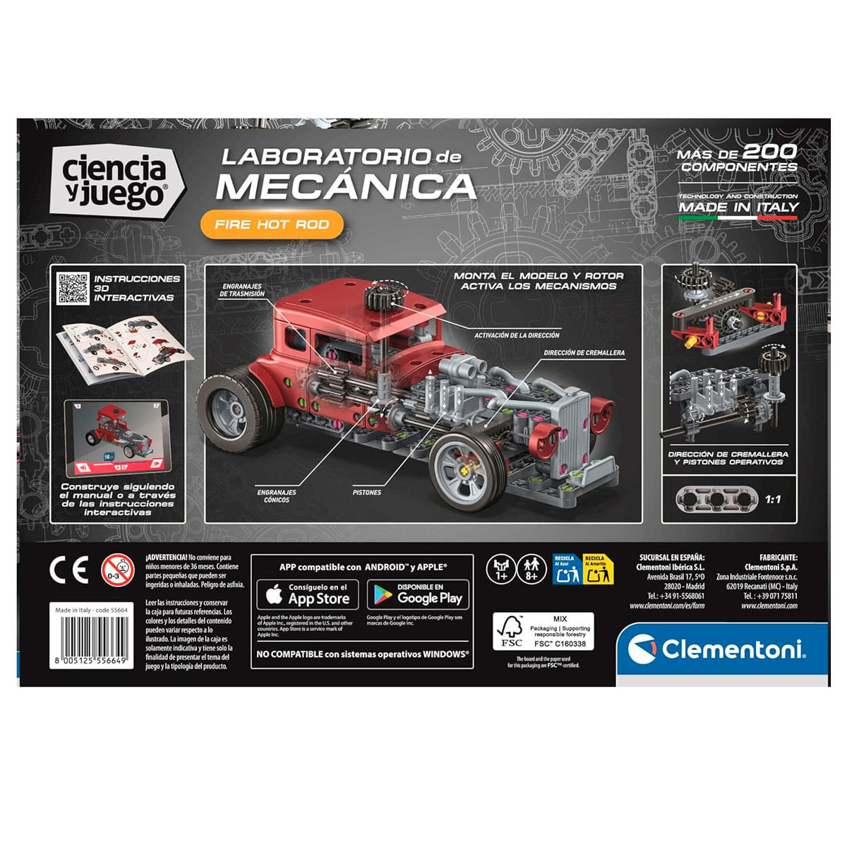 Embalaje de un kit de laboratorio de mecánica con modelo de hot rod rojo y componentes.