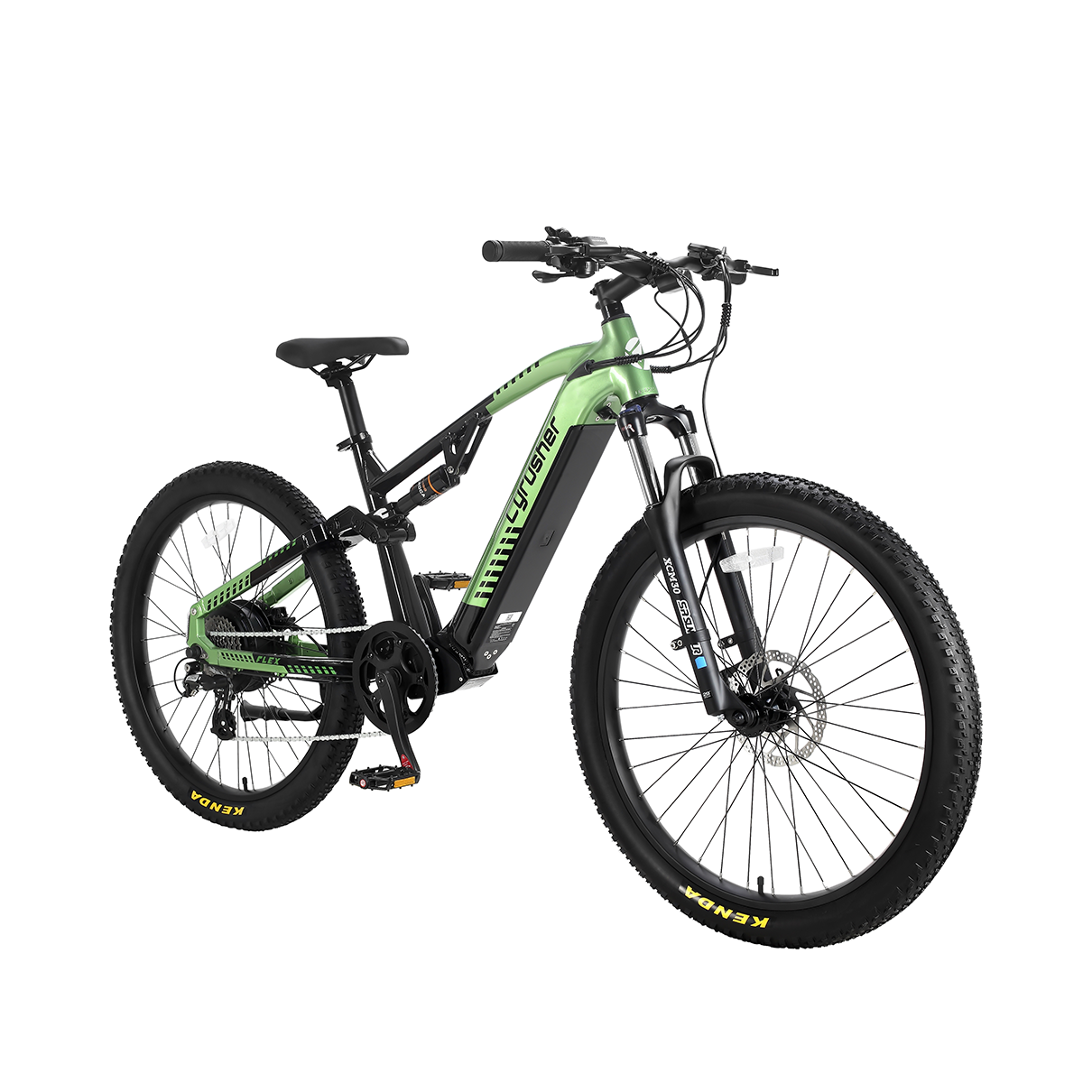 Jasnozielony rower elektryczny typu mountain bike z czarną ramą, amortyzacją i grubymi oponami.