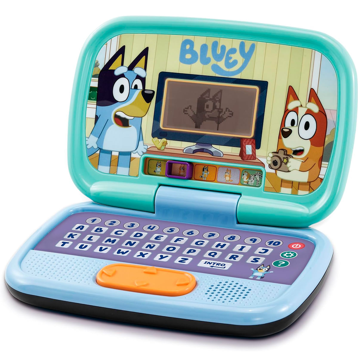 Un portátil de juguete azul con personajes de Bluey en pantalla y teclado.