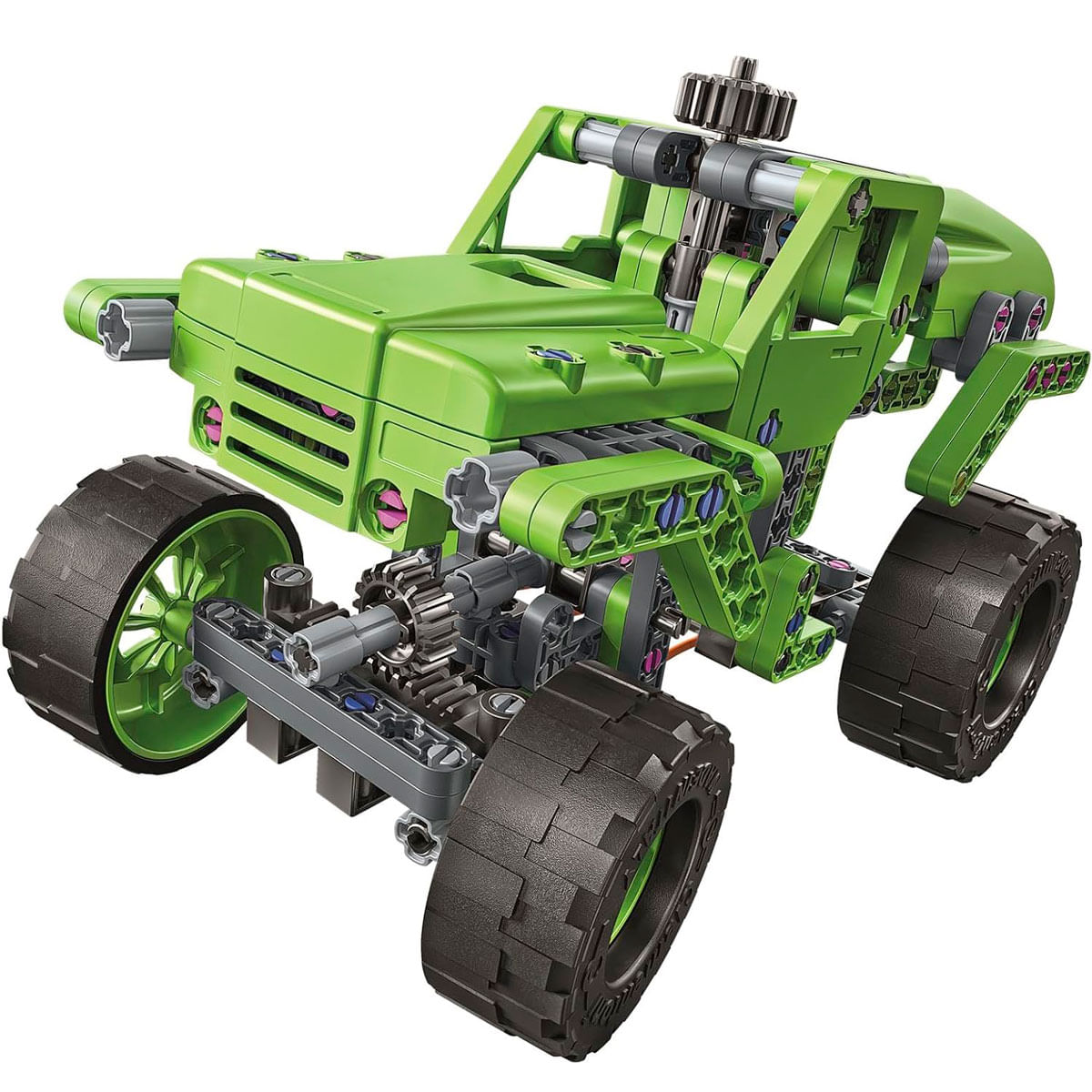 Un coche de juguete verde con ruedas grandes y engranajes visibles.