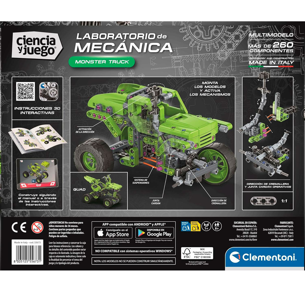Kit de construcción de un monster truck verde con muchas piezas mecánicas e instrucciones.
