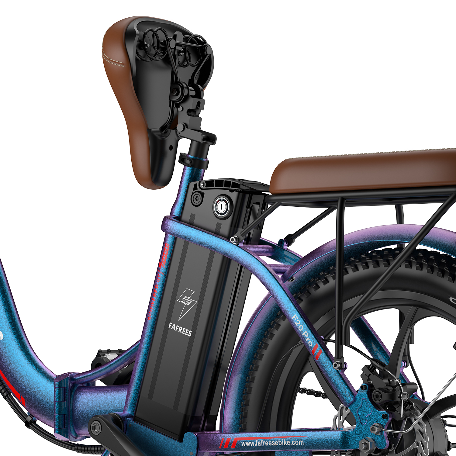 Marco de e-bike azul y morado con asientos marrones, batería y neumáticos negros.