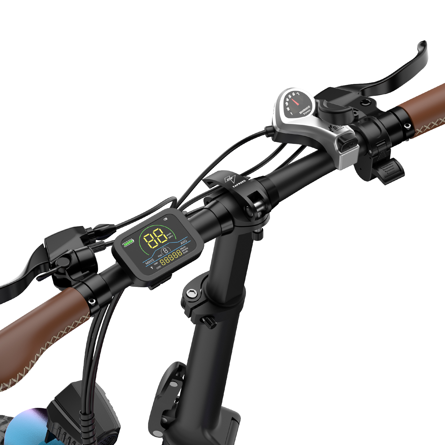 Manillar de bicicleta eléctrica con pantalla digital, puños y palanca.