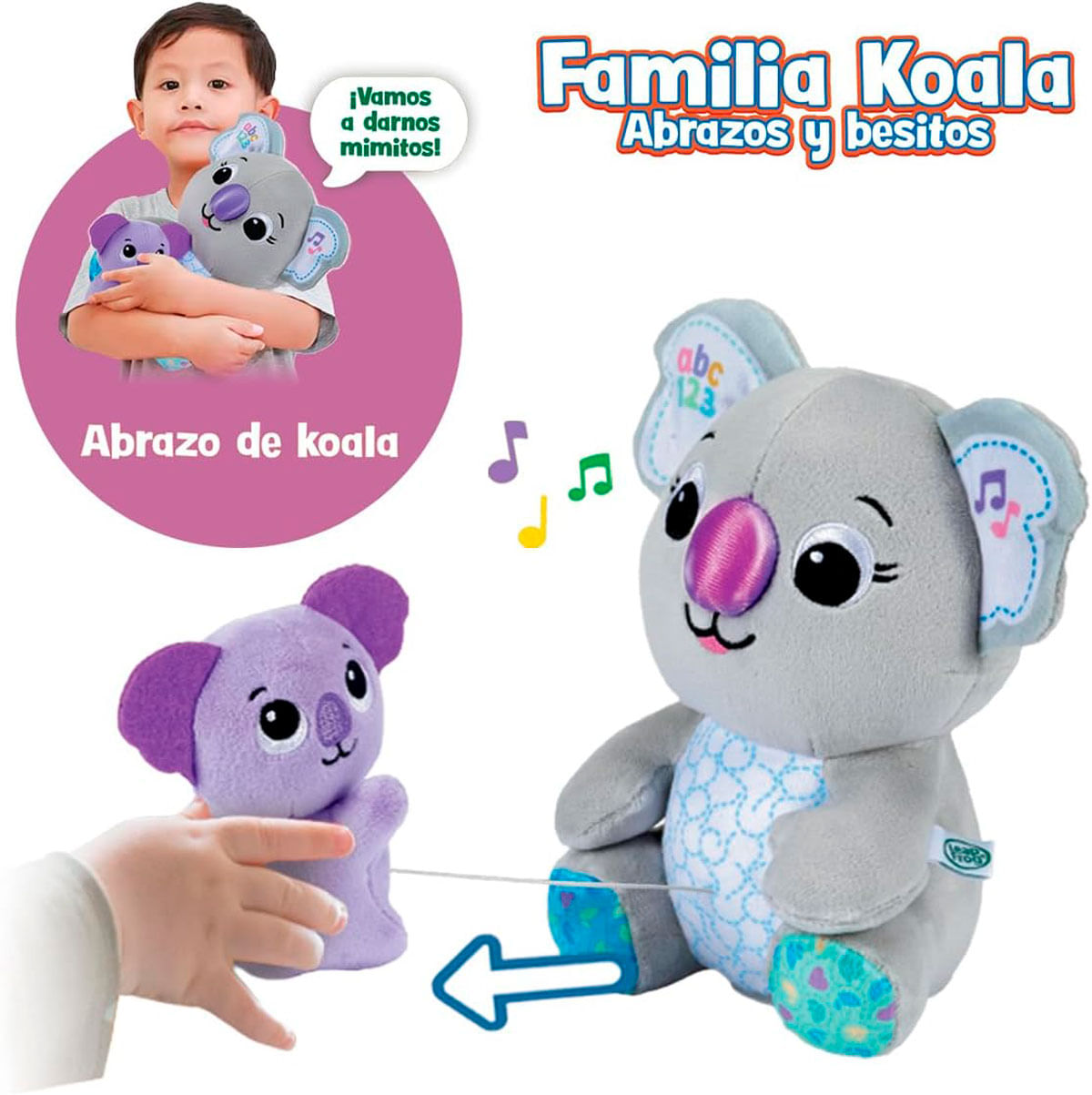 Un niño abraza un peluche de koala. Se tira de otro peluche.