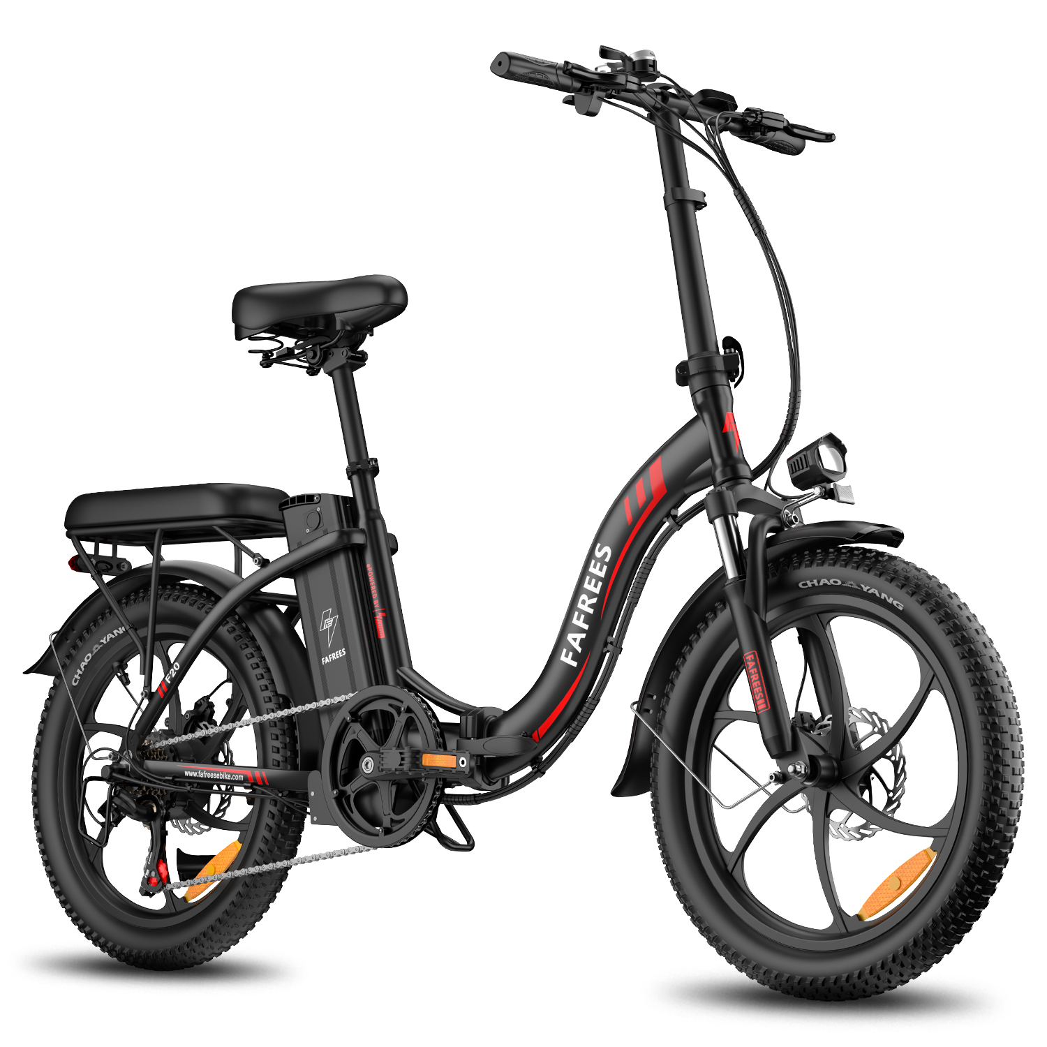 Bicicleta eléctrica plegable negra con neumáticos anchos y portaequipajes.