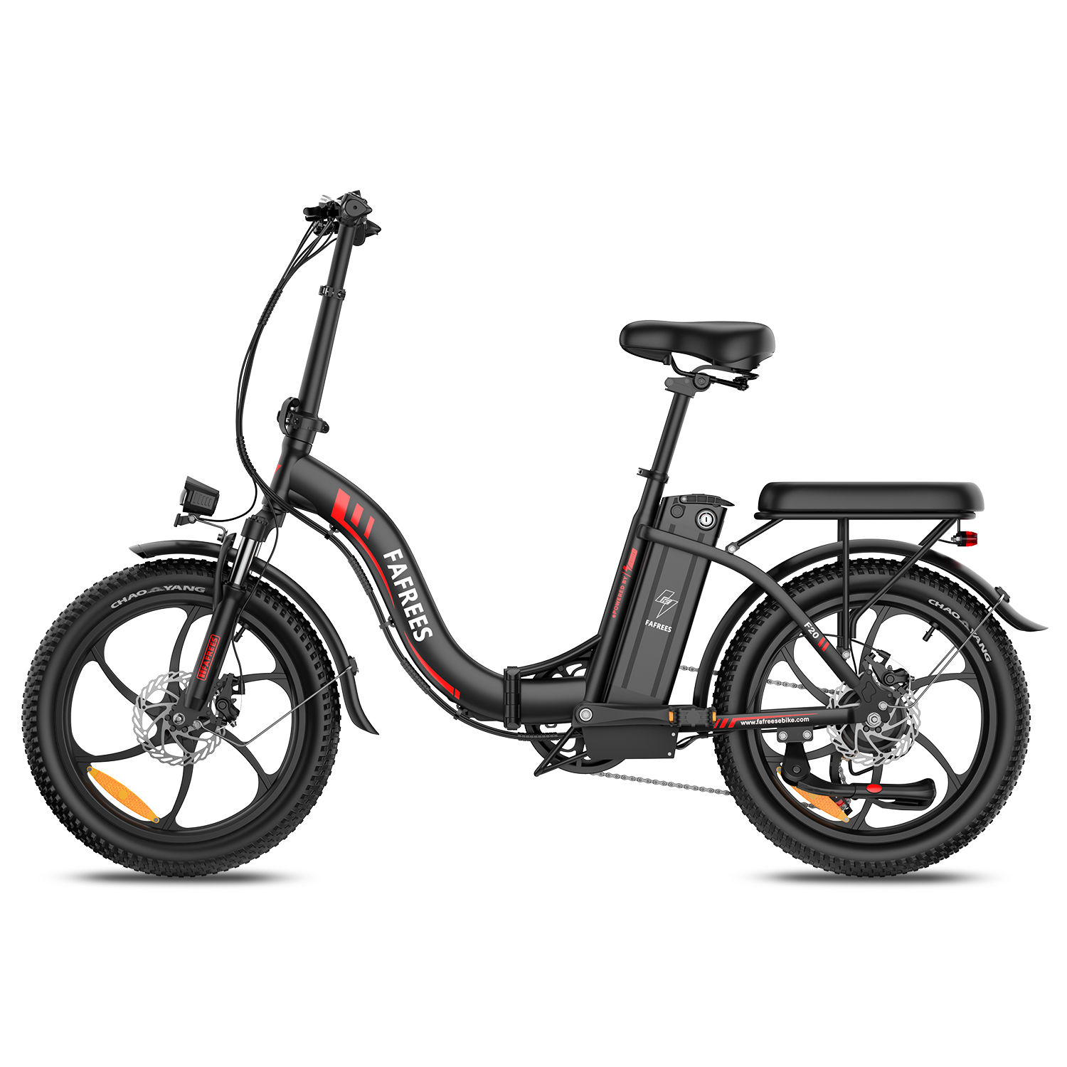 Bicicleta eléctrica plegable negra con detalles rojos, llantas anchas y portaequipajes.