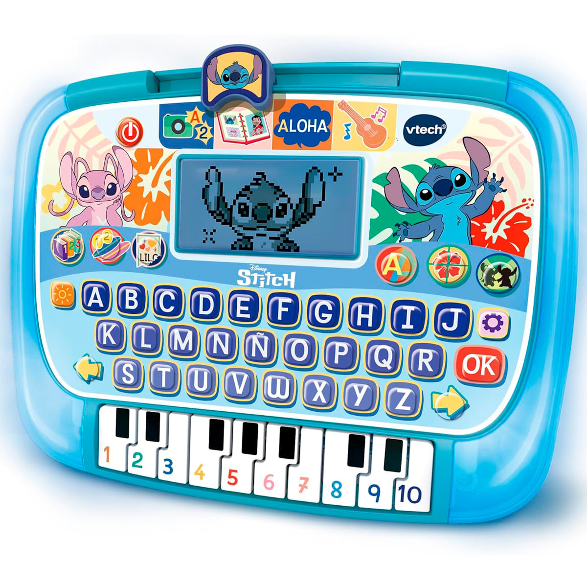 Un juguete educativo azul con abecedario, teclas de piano y personajes de Stitch.