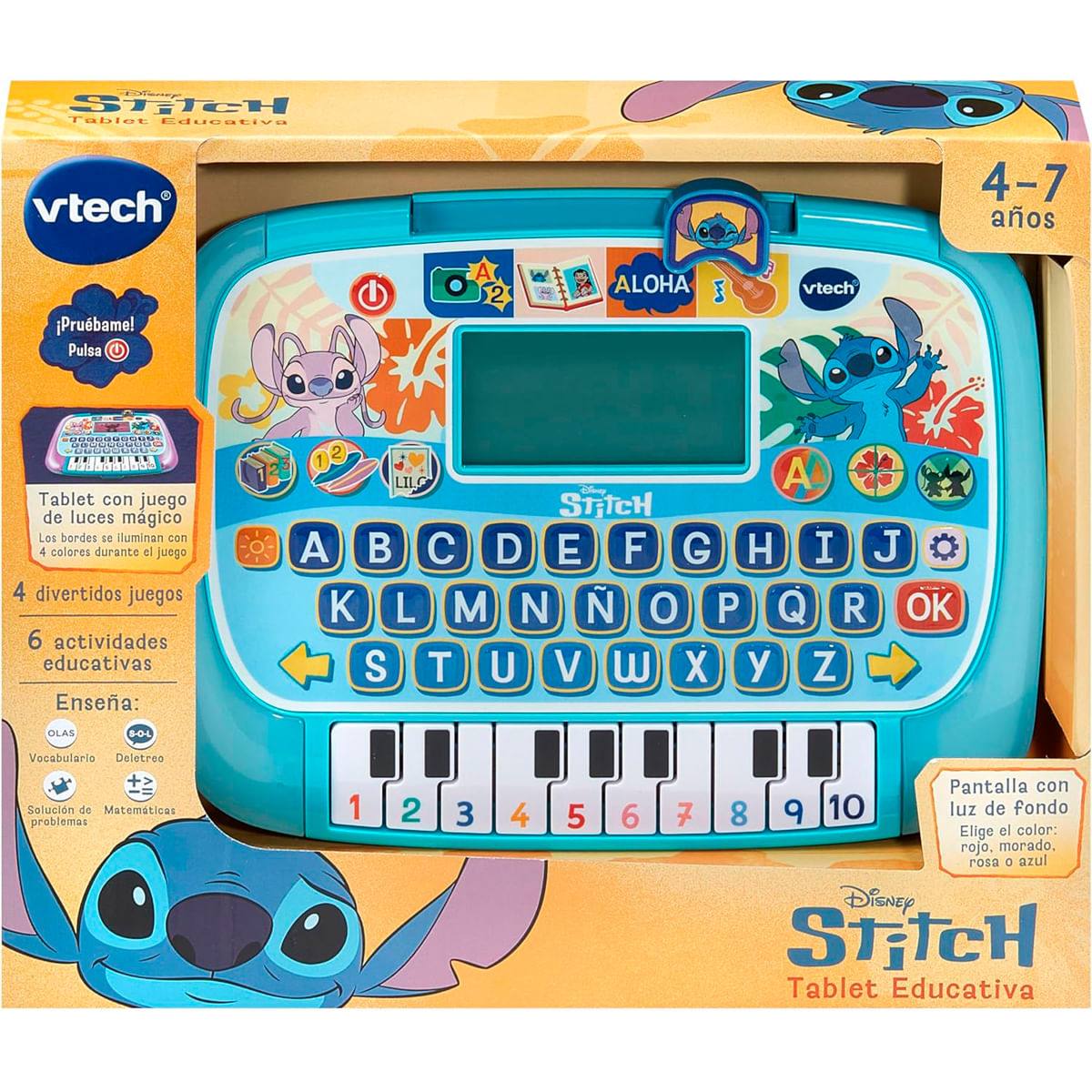 Una tableta educativa VTech Stitch azul para niños de 4-7 años.