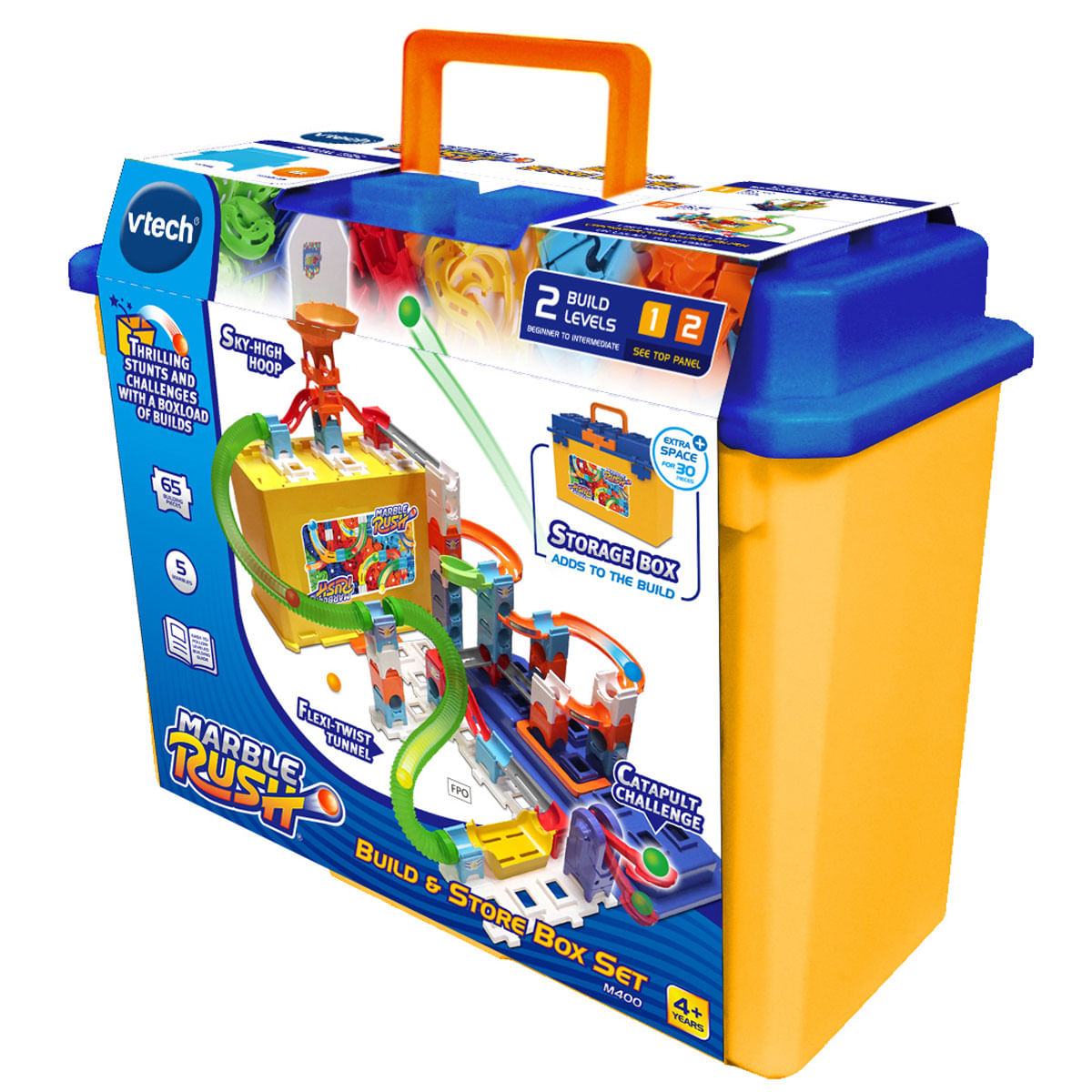 Vtech Marble Rush Build & Store Box Set con pistas coloridas y accesorios.