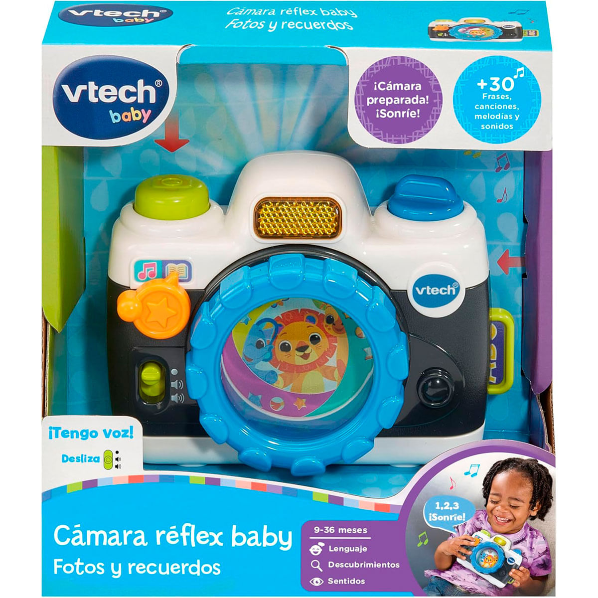 Cámara de juguete Vtech Baby en embalaje con imágenes y texto.