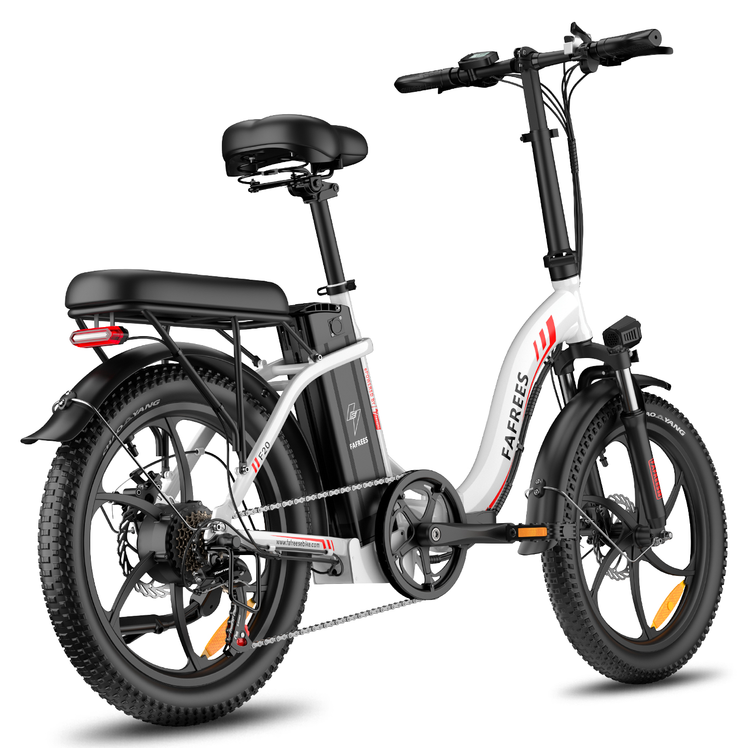 Una bicicleta eléctrica plegable blanca con ruedas, asiento y manillar negros.