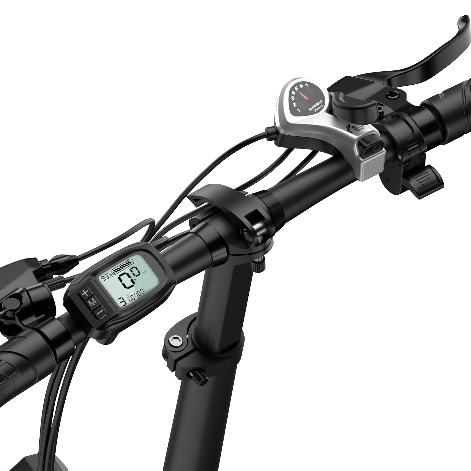Manillar de bicicleta con pantalla, cambio de marchas y palanca de freno. Indicador 93%.