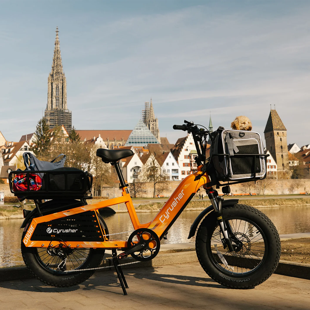 Pomarańczowy rower elektryczny z psem w koszyku stoi nad rzeką z panoramą miasta.