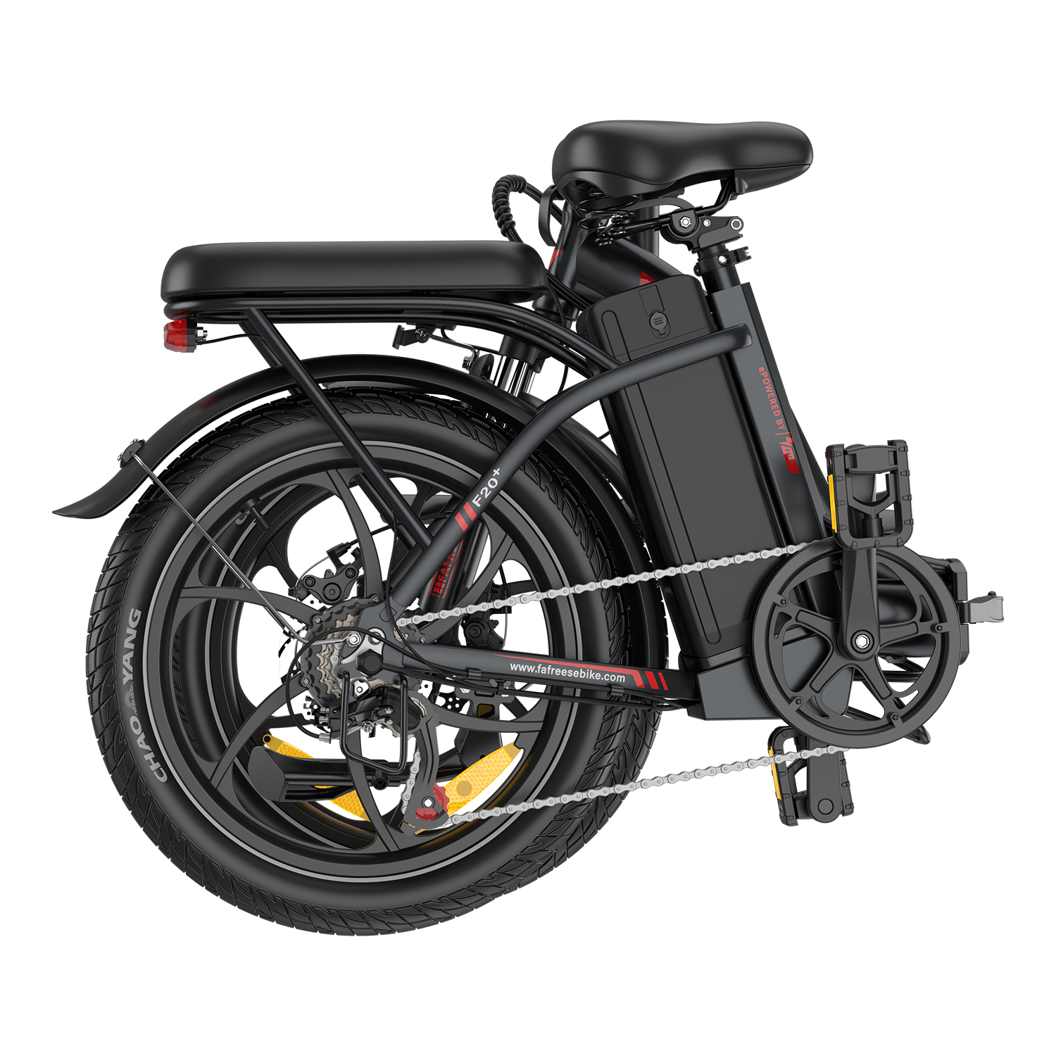 Bicicleta eléctrica plegable negra con portaequipajes, luz trasera y neumáticos anchos.