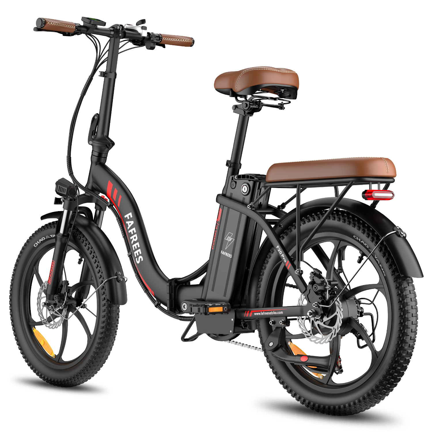 Bici elettrica pieghevole nera con accenti marroni, freni a disco e copertoni larghi.