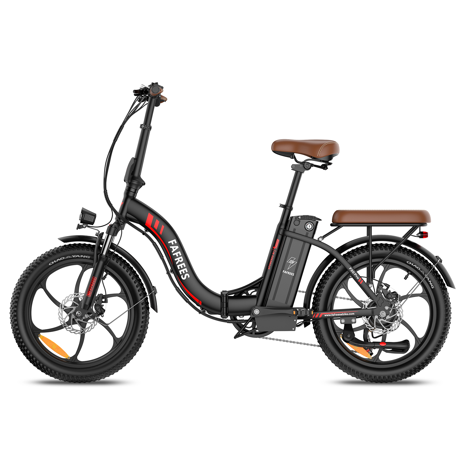Una bici elettrica pieghevole nera con sedili in pelle marrone e pneumatici larghi.