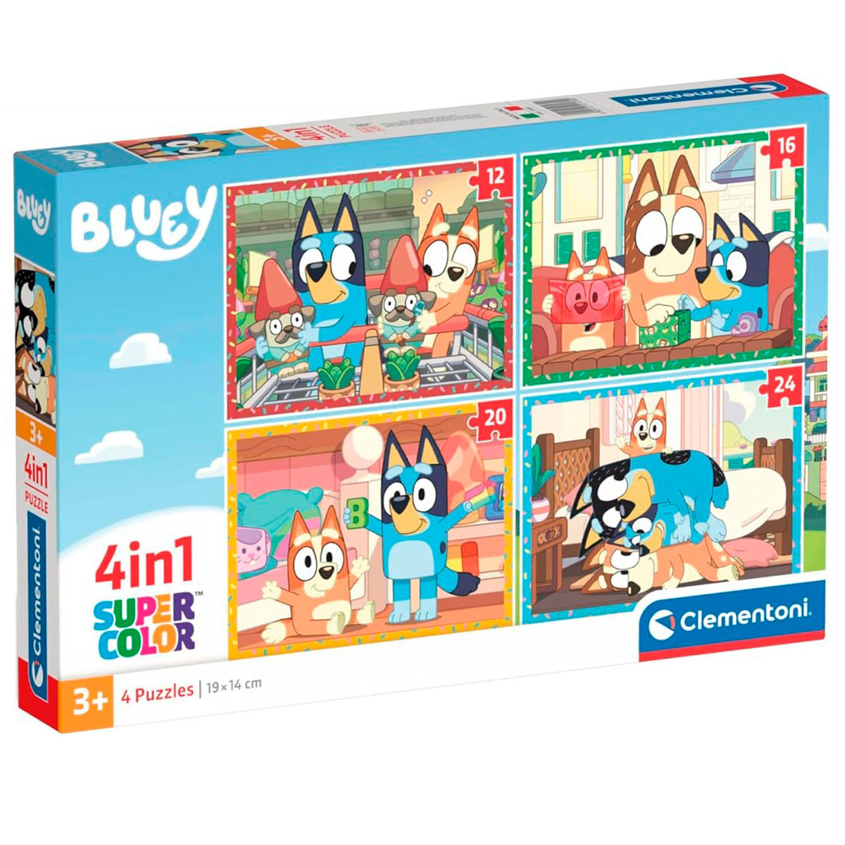 Verpackung mit vier Bluey-Puzzles mit 12, 16, 20 und 24 Teilen.