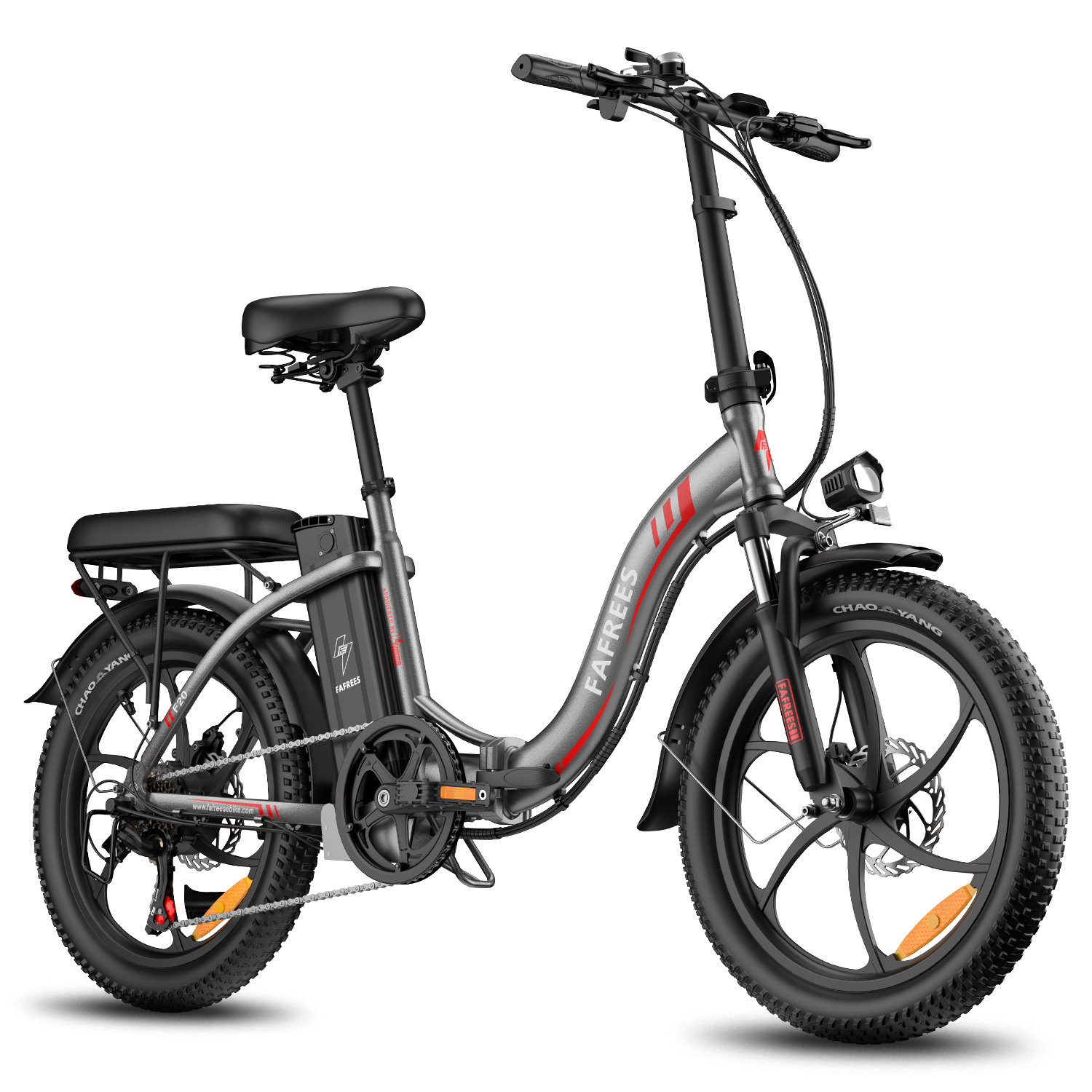 Bicicleta eléctrica plegable gris con llantas gruesas, sillín negro y portaequipajes.