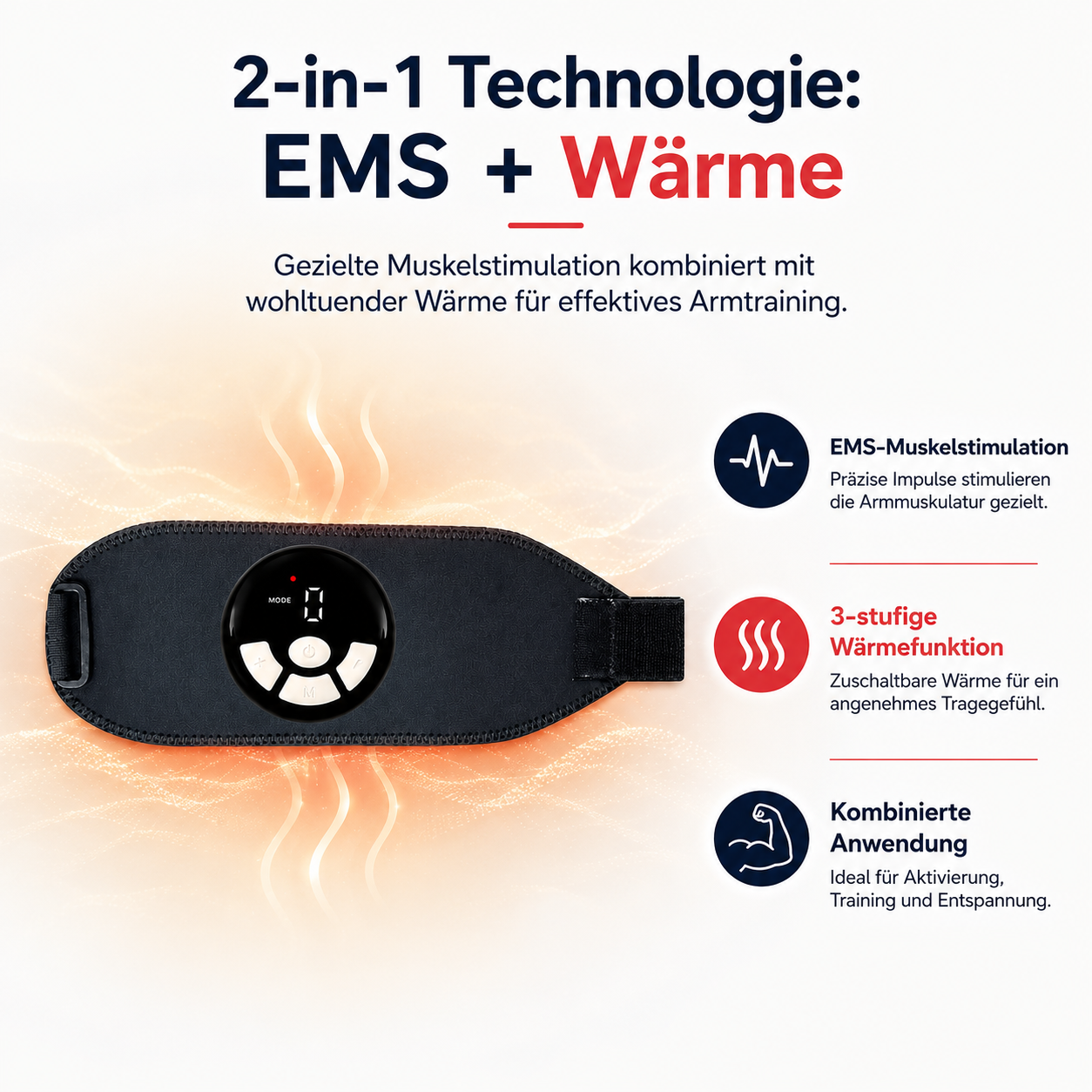 Schwarzer Armgurt mit digitaler Anzeige, EMS und Wärmefunktion.