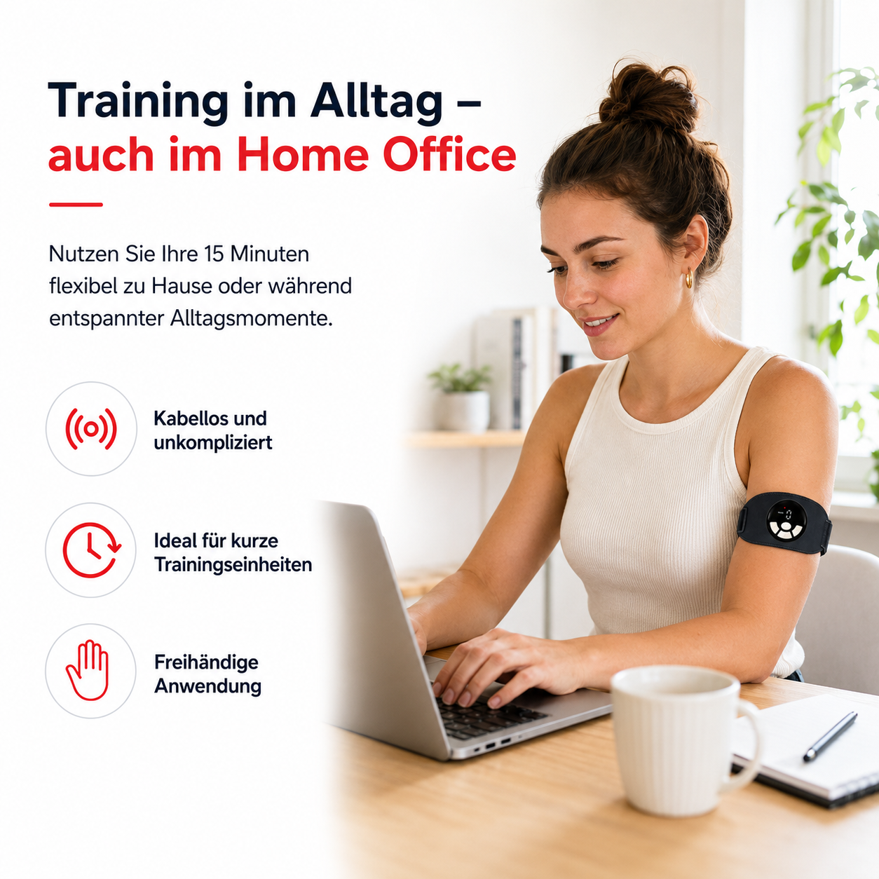 Frau trainiert am Arm, während sie am Laptop arbeitet, mit Symbolen für kabelloses Training.