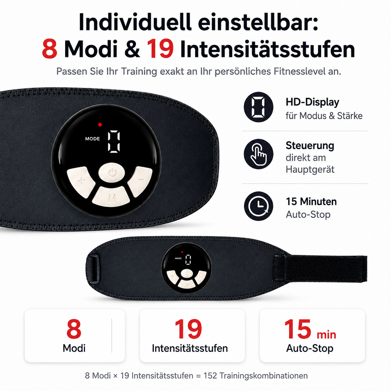 Ein EMS-Trainingsgerät mit Display, Tasten und zwei Gurten. Info-Grafiken zeigen Funktionen.