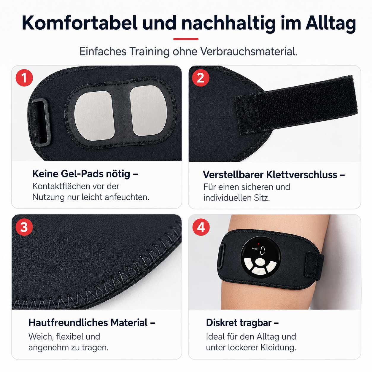 Vier Bilder zeigen ein schwarzes Trainingsgerät mit Gel-Pads, Klettverschluss, Stoff und Display.